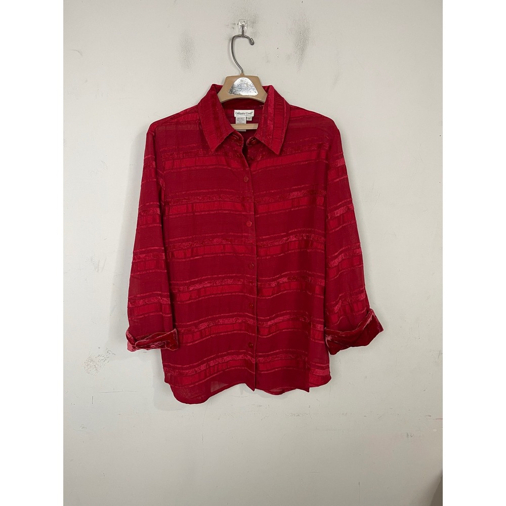 Coldwater Creek Red Textured Stripe Velvet Trim Button Up Blouse XL H27425